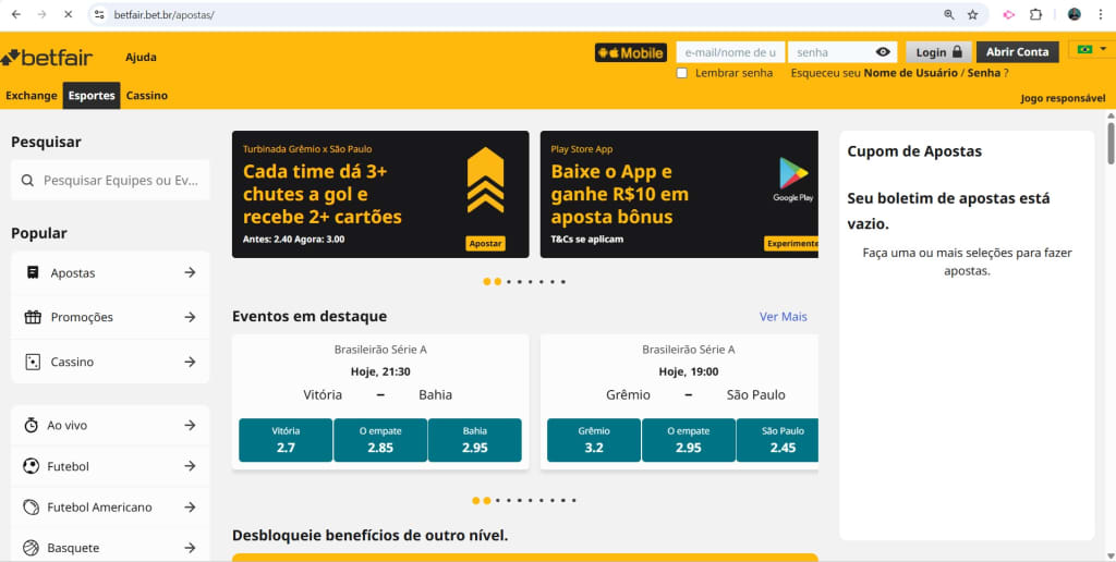 Betfair app pantalla